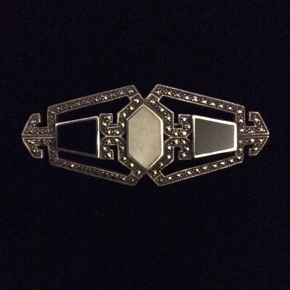 Sterling Silver, Black Onyx and Marcasite Brooch - Picture 1 of 5